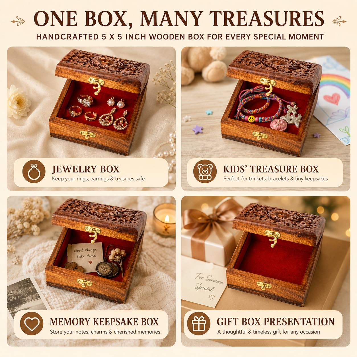 ZEDANU Handmade Wooden Jewelry Box Organizer Wooden Trinket Keepsake Jewellery Storage Box Vintage Box Multipurpose Organizer Chest Great Gift For Your Loved Ones (Small)