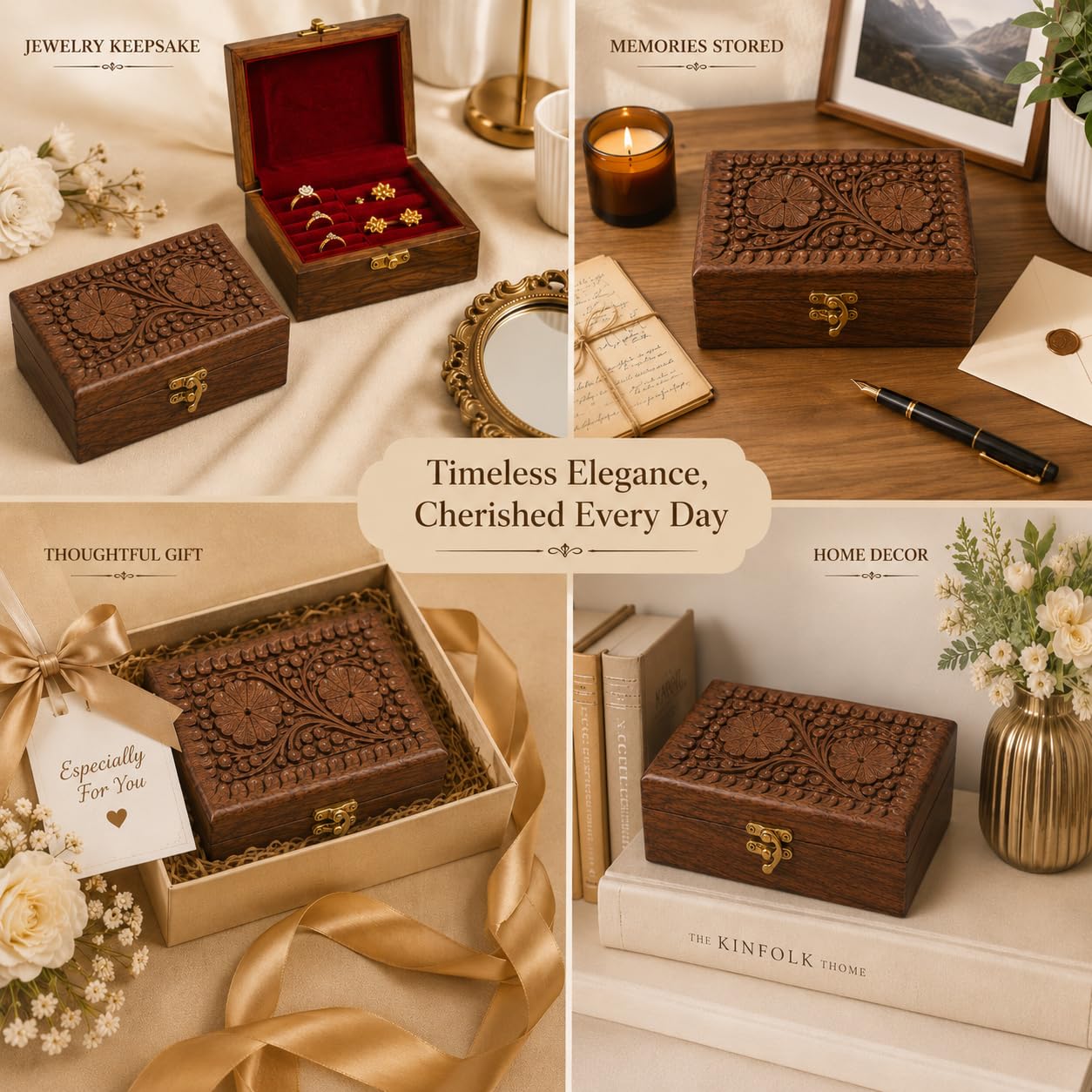 ZEDANU Handmade Wooden Jewelry Box Organizer Wooden Trinket Keepsake Jewellery Storage Box Vintage Box Multipurpose Organizer Chest Great Gift For Your Loved Ones (Medium)