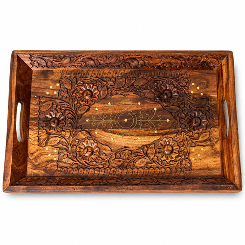 Wooden Coffee Tray Serving Tray with Handles Wood Ottoman Tray Table Tray décor Great for Dinner Trays, Tea Tray, Breakfast Tray, or Any Food Tray - Good for Parties Centerpiece for Coffee Table Medium