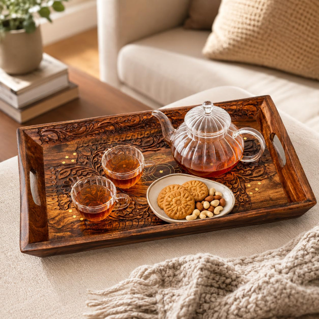 Wooden Coffee Tray Serving Tray with Handles Wood Ottoman Tray Table Tray décor Great for Dinner Trays, Tea Tray, Breakfast Tray, or Any Food Tray - Good for Parties Centerpiece for Coffee Table Medium