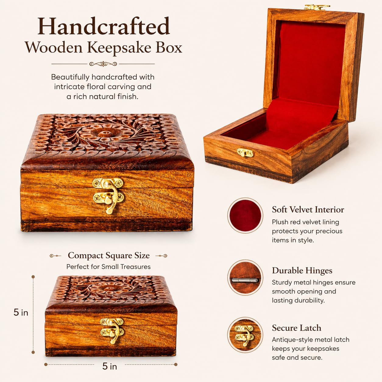 ZEDANU Handmade Wooden Jewelry Box Organizer Wooden Trinket Keepsake Jewellery Storage Box Vintage Box Multipurpose Organizer Chest Great Gift For Your Loved Ones (Small)