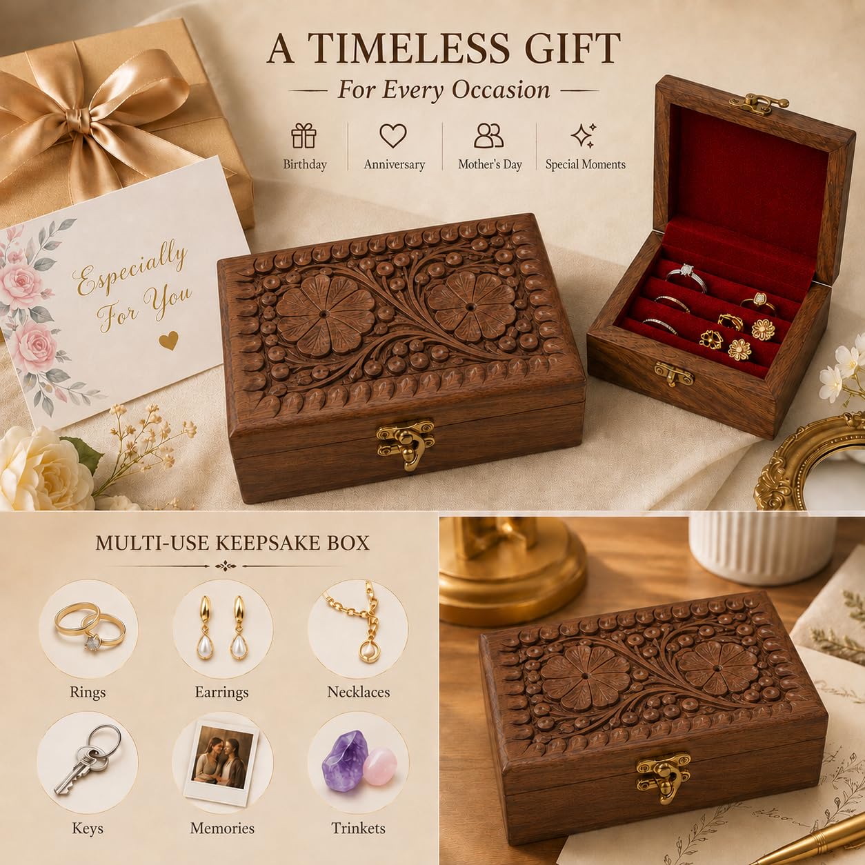 ZEDANU Handmade Wooden Jewelry Box Organizer Wooden Trinket Keepsake Jewellery Storage Box Vintage Box Multipurpose Organizer Chest Great Gift For Your Loved Ones (Medium)