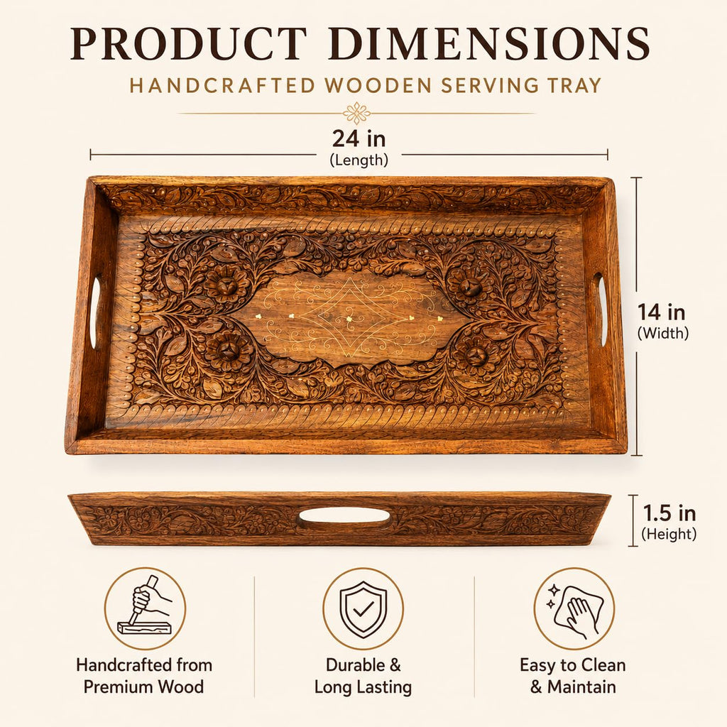 A wooden serving tray with ornate floral carvings, shown with dimension labels indicating 24 in length, 14 in width, and 1.5 in height on a light beige background.