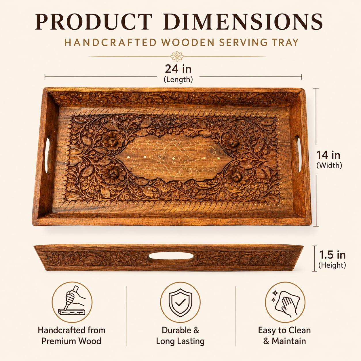 A wooden serving tray with ornate floral carvings, shown with dimension labels indicating 24 in length, 14 in width, and 1.5 in height on a light beige background.