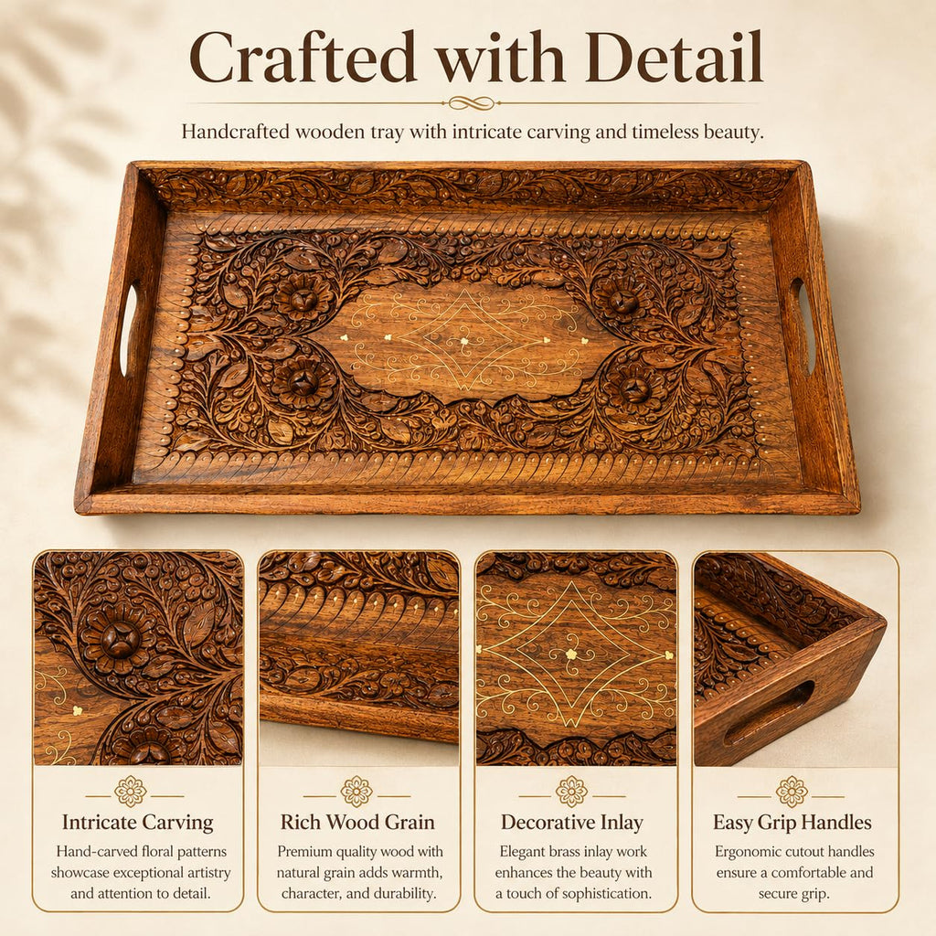 An ornate rectangular wooden tray with cutout handles, featuring intricate floral carvings around the edges and a smooth central panel. The image includes the text 'Crafted with Detail' and four inset close-up panels highlighting the carving, wood grain, decorative inlay, and easy grip handles.
