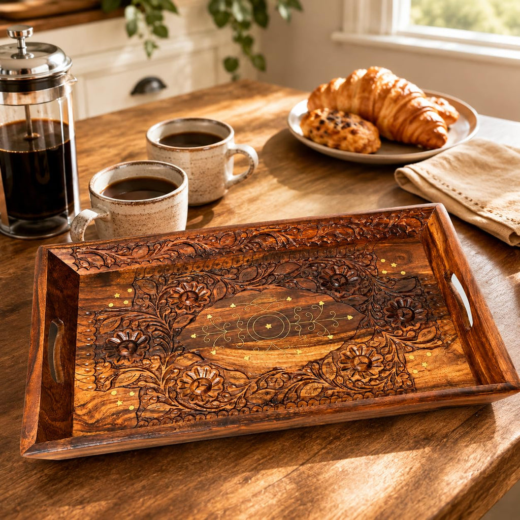 Wooden Coffee Tray Serving Tray with Handles Wood Ottoman Tray Table Tray décor Great for Dinner Trays, Tea Tray, Breakfast Tray, or Any Food Tray - Good for Parties Centerpiece for Coffee Table Medium
