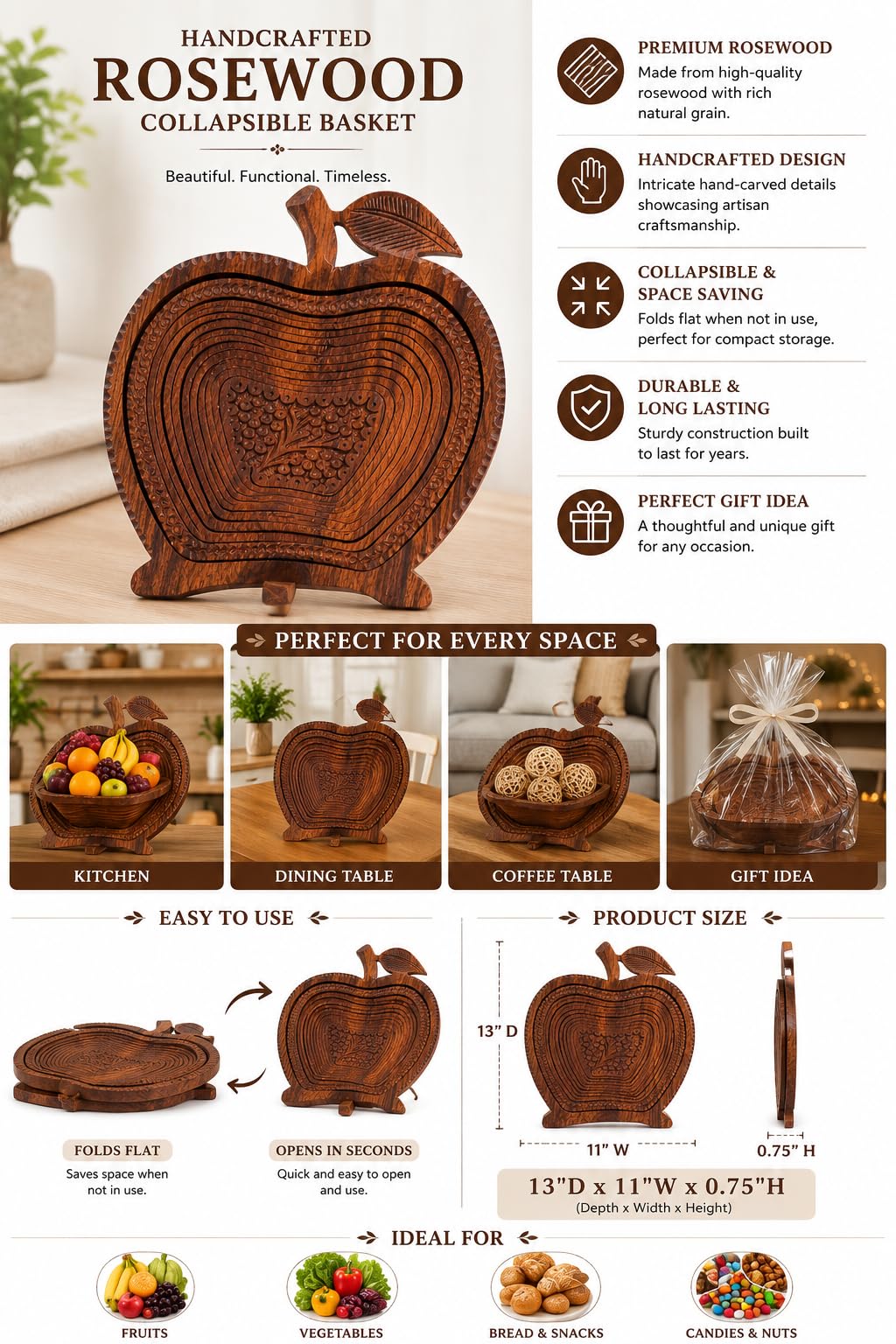 ZEDANU Foldable Rosewood Spiral Basket – Eco-Friendly Decorative Wooden Holder for Kitchen, Table & Gifting (Apple Shape) (Apple)