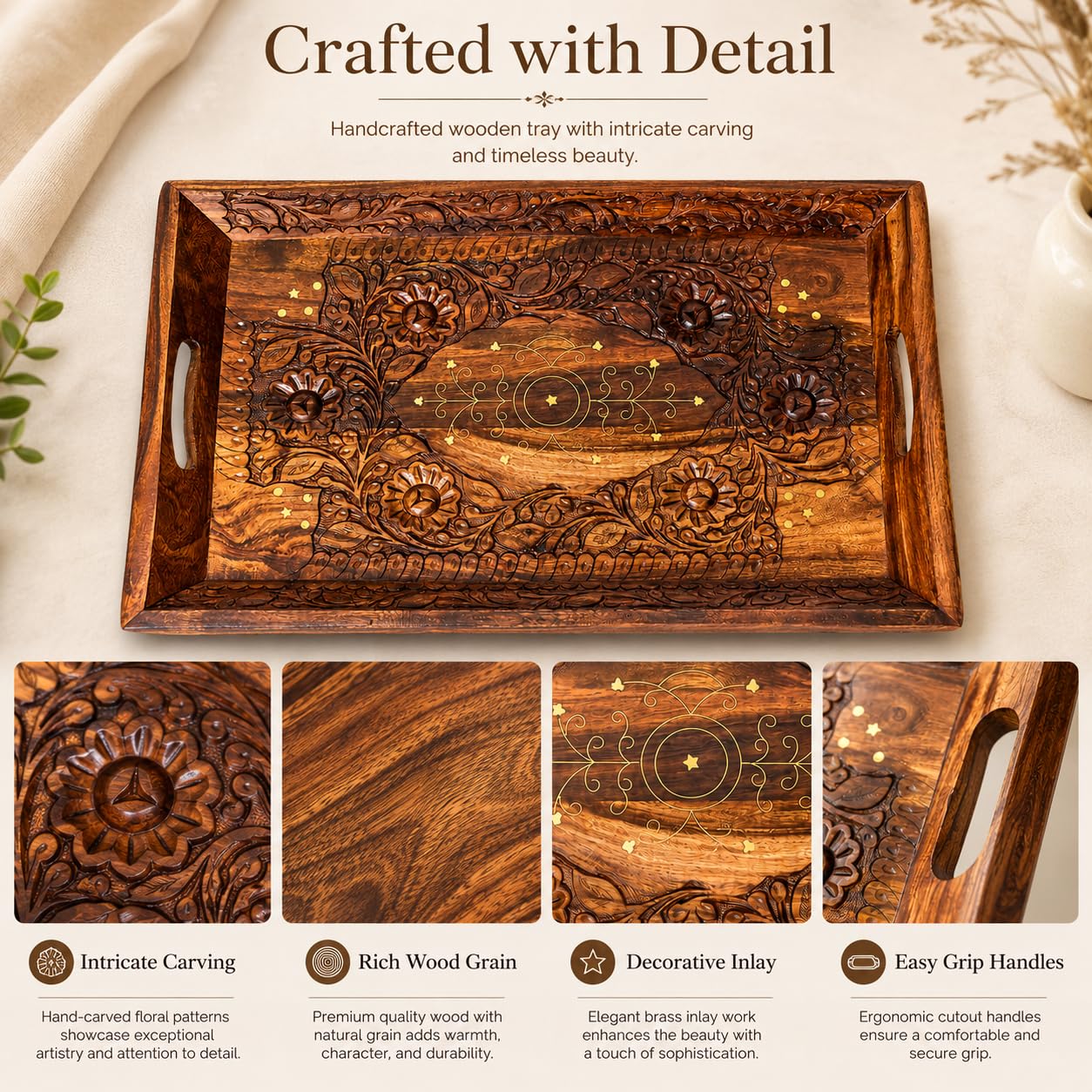 Wooden Coffee Tray Serving Tray with Handles Wood Ottoman Tray Table Tray décor Great for Dinner Trays, Tea Tray, Breakfast Tray, or Any Food Tray - Good for Parties Centerpiece for Coffee Table Medium
