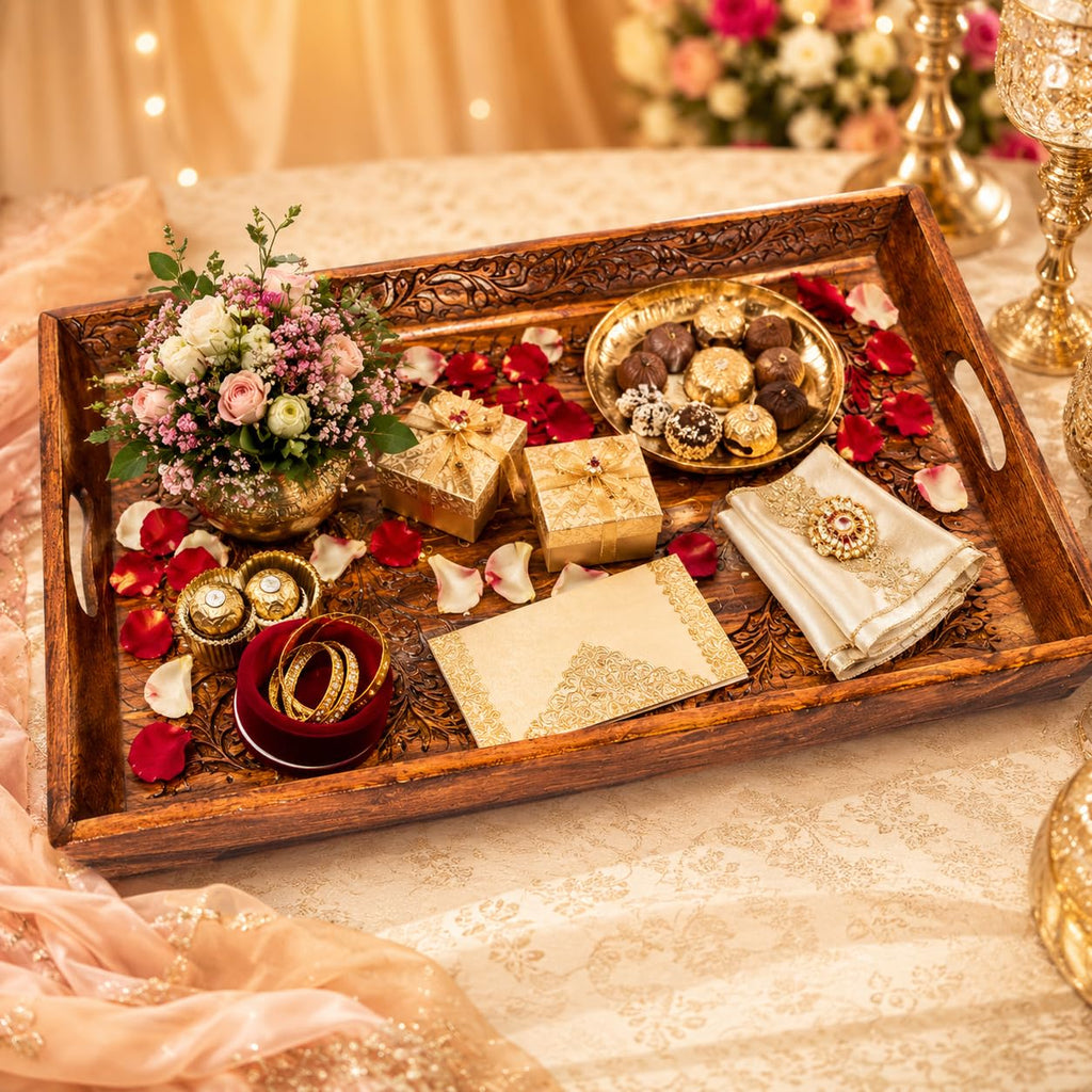 An ornate carved wooden serving tray arranged on a decorated table, containing a small floral arrangement, wrapped gift boxes, chocolates in a gold dish, red rose petals, folded white fabric with a jeweled pin, and a cream envelope.
