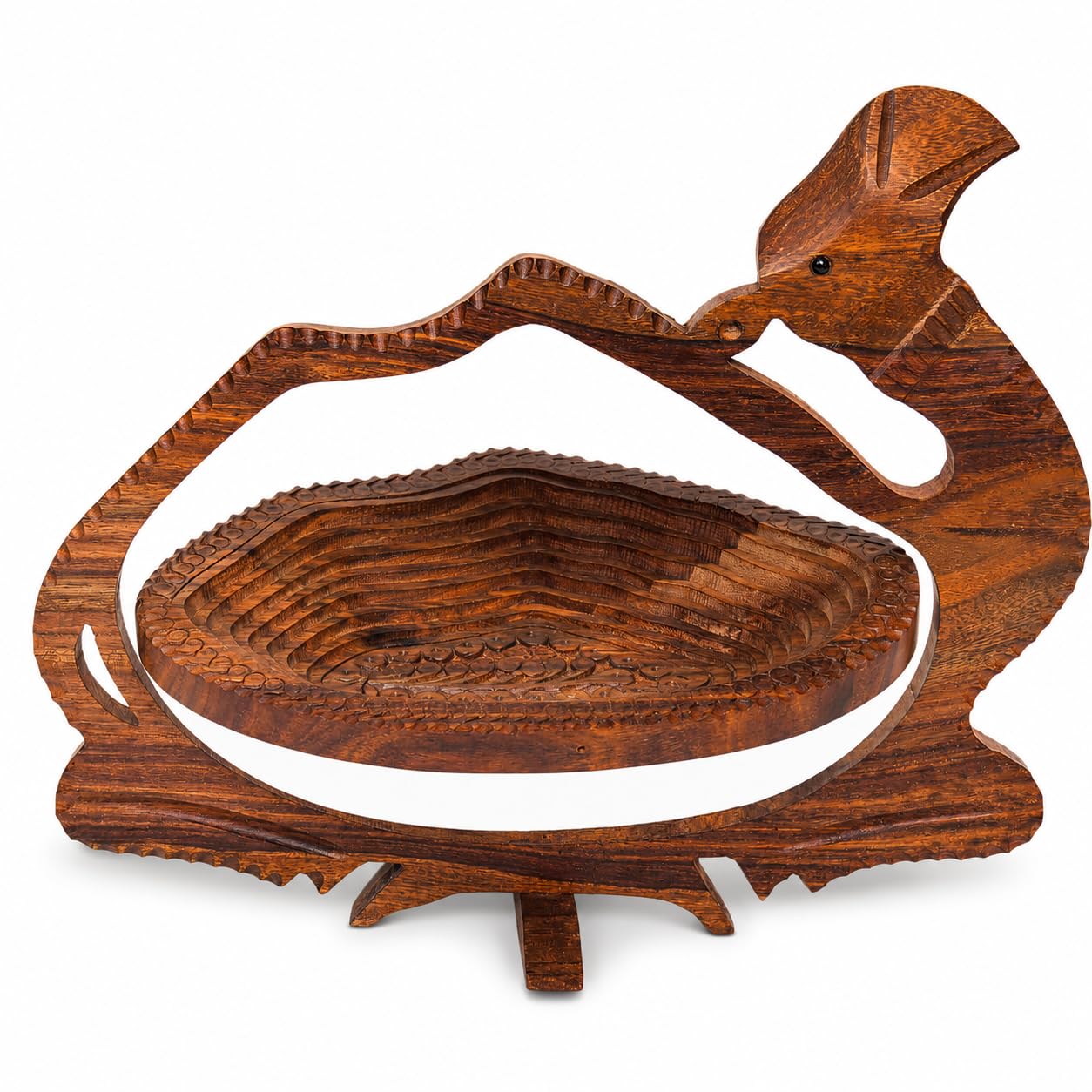 Hand-carved wooden camel tray opened for fruit and snack serving