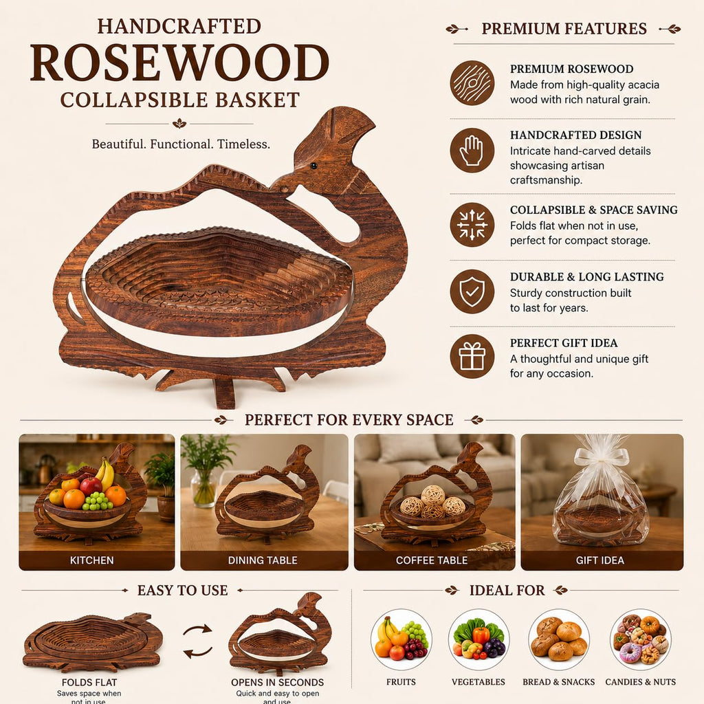 Foldable camel-shaped wooden tray displayed with fresh fruit