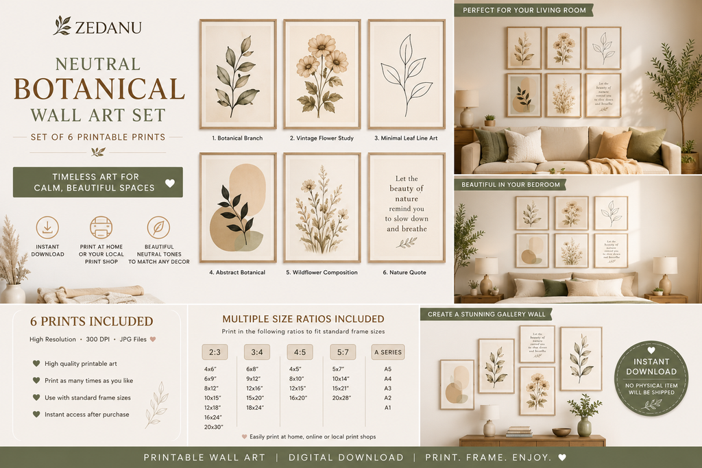 ZEDANU Neutral Botanical Wall Art Set of 6 | Printable Home Decor