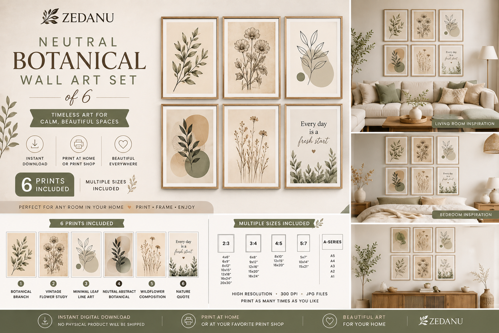 ZEDANU Neutral Botanical Wall Art Set of 6 | Printable Home Decor
