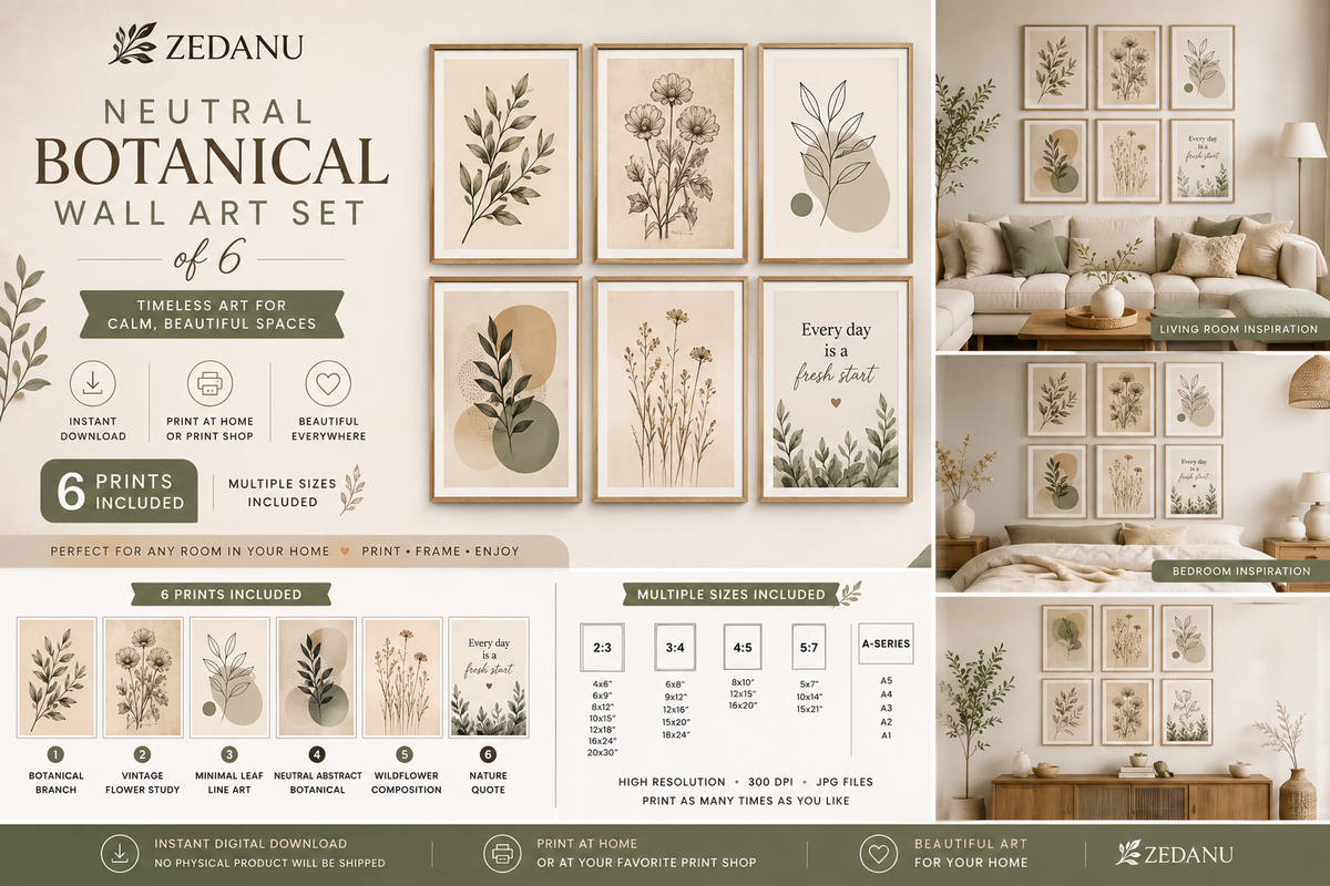 ZEDANU Neutral Botanical Wall Art Set of 6 | Printable Home Decor