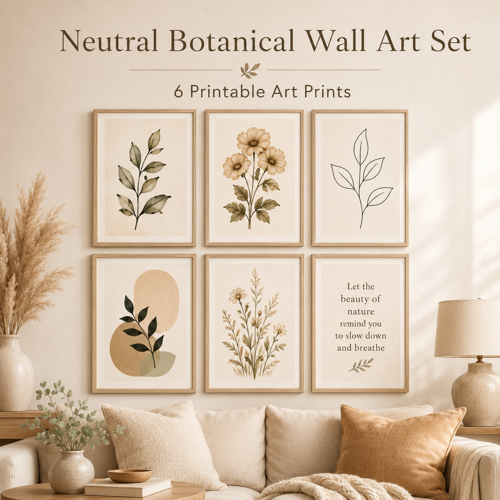 ZEDANU Neutral Botanical Wall Art Set of 6 | Printable Home Decor