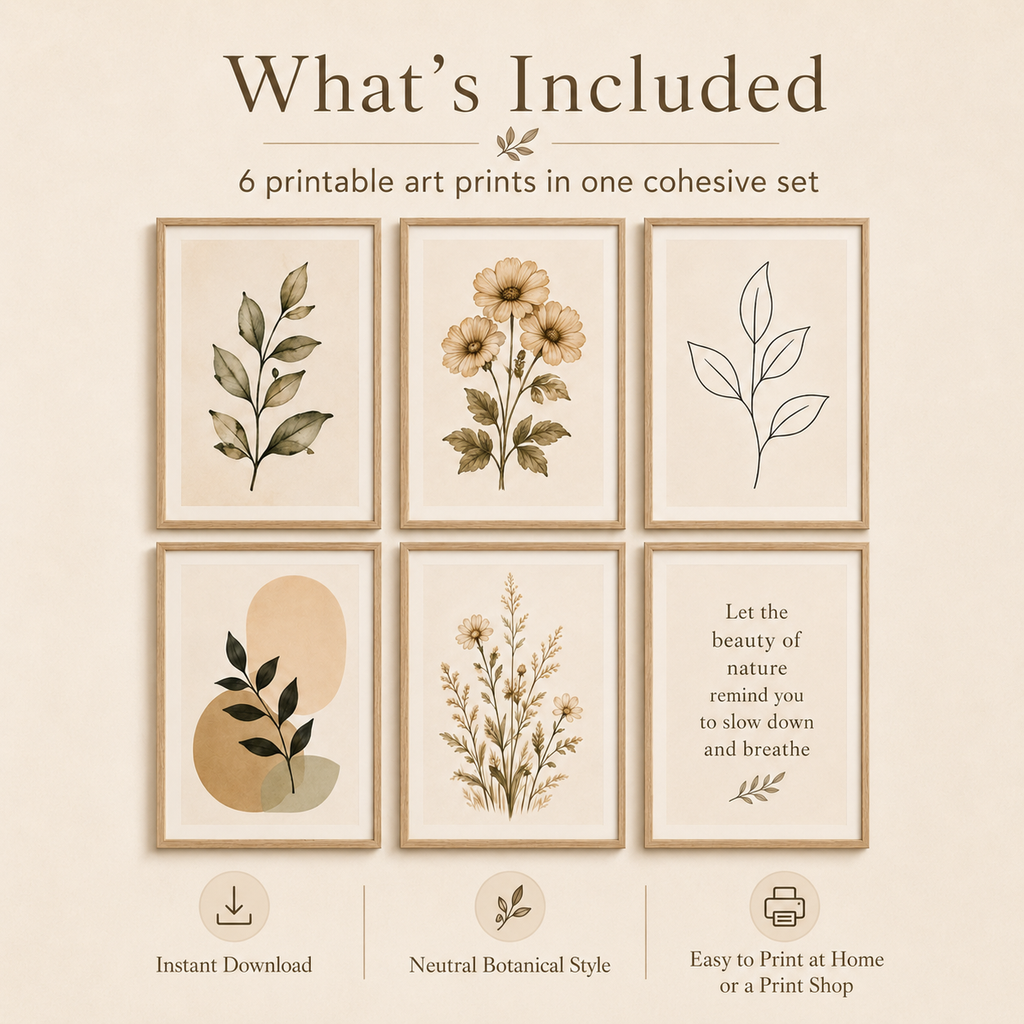 ZEDANU Neutral Botanical Wall Art Set of 6 | Printable Home Decor