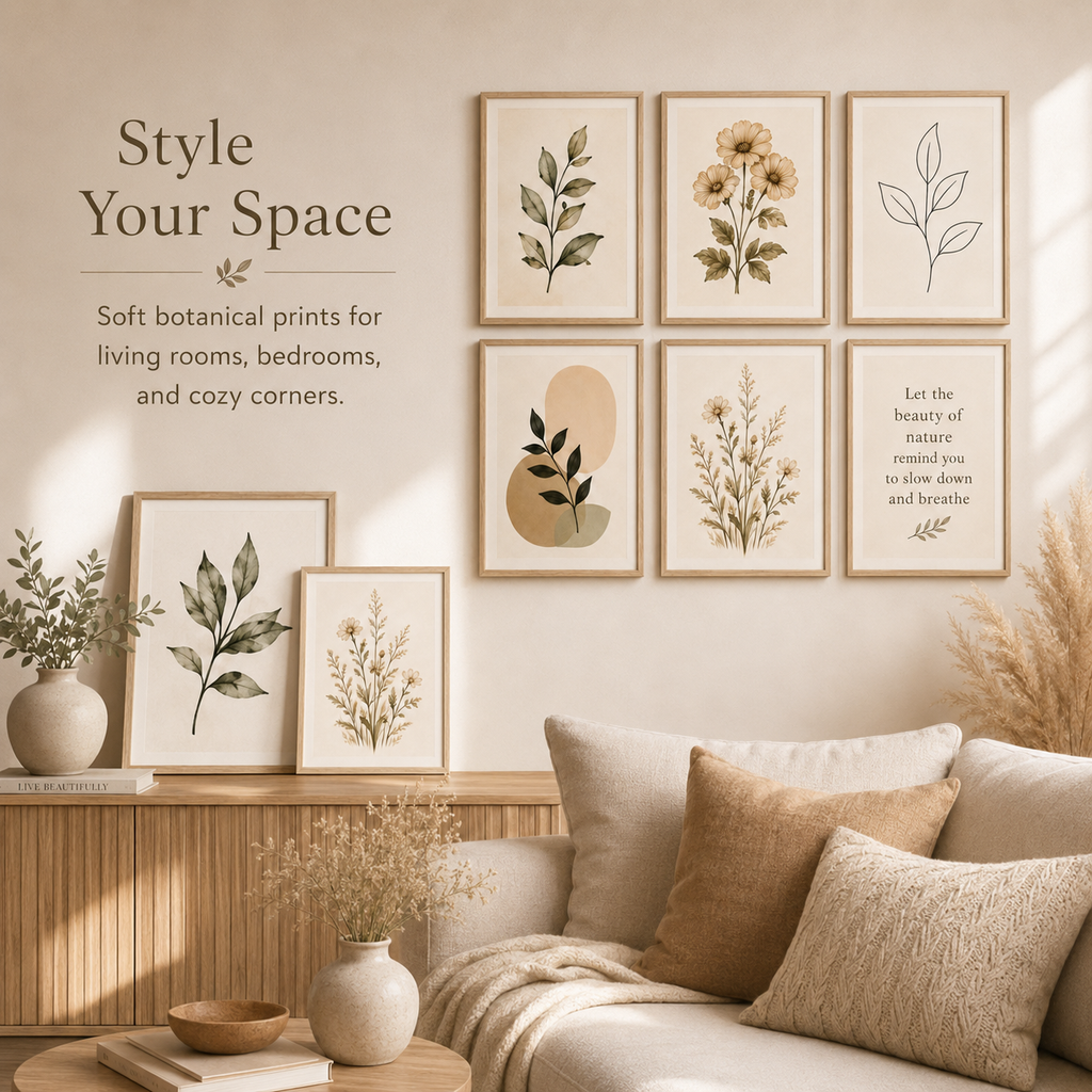 ZEDANU Neutral Botanical Wall Art Set of 6 | Printable Home Decor