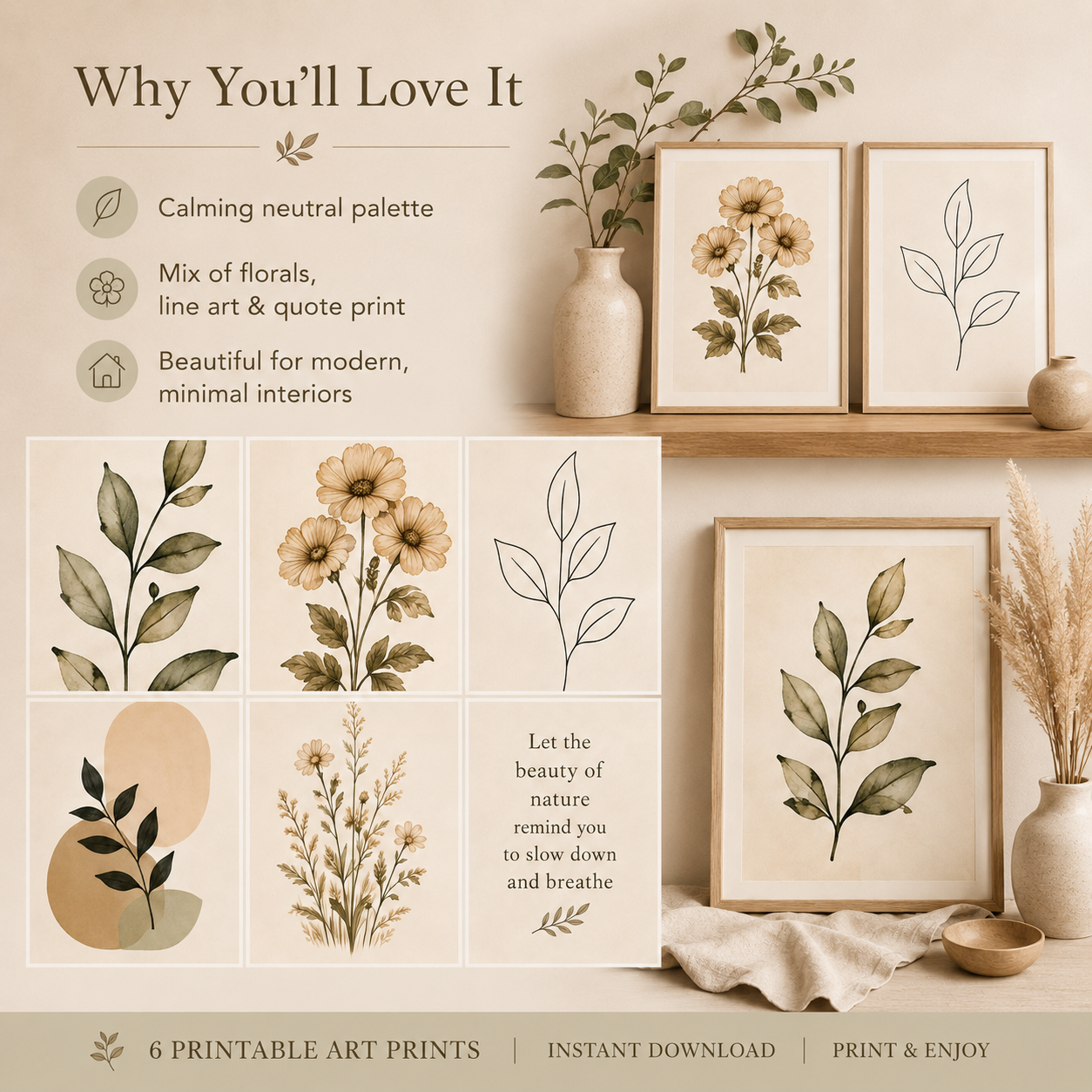 ZEDANU Neutral Botanical Wall Art Set of 6 | Printable Home Decor