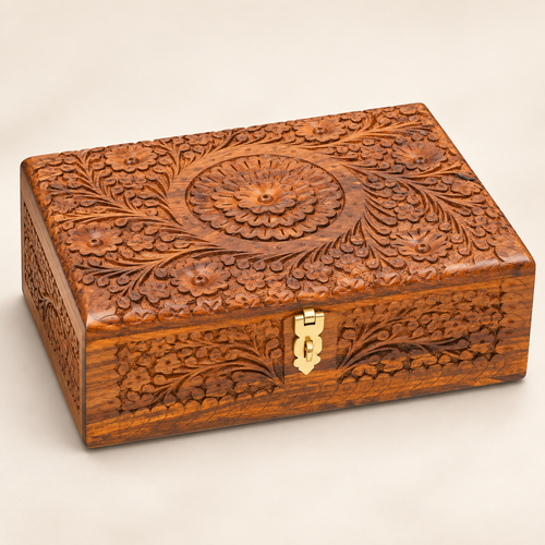 Hand-carved rosewood jewelry box with decorative brass latch