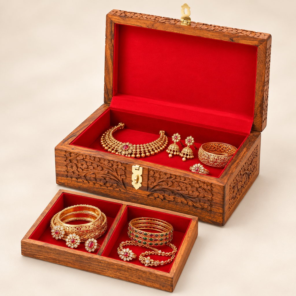 Extra large wooden jewelry organizer with removable tray and red velvet lining