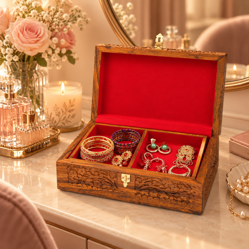 Extra large wooden jewelry box open with removable organizer tray