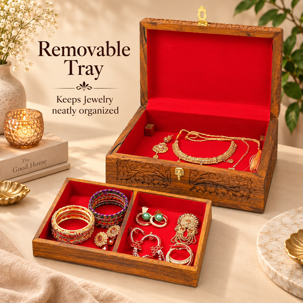 Rosewood jewelry box with removable tray for rings bracelets and necklaces