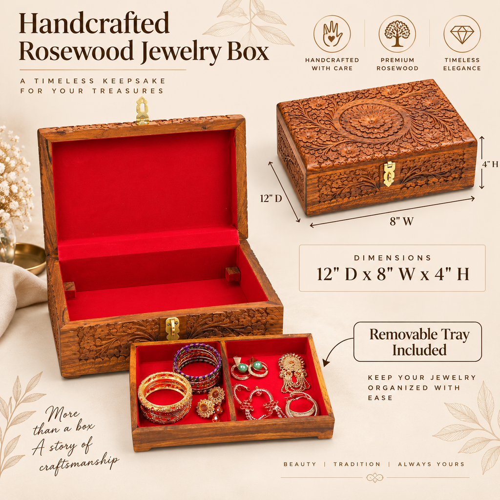 Extra large wooden jewelry box 12 x 8 x 4 inches with removable tray