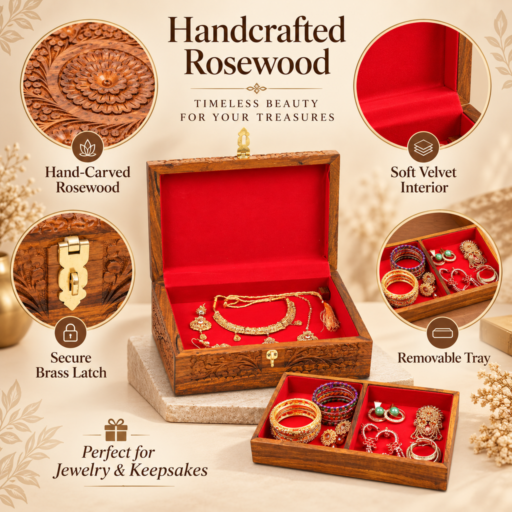 Rosewood jewelry box showing hand carving red velvet interior and brass latch