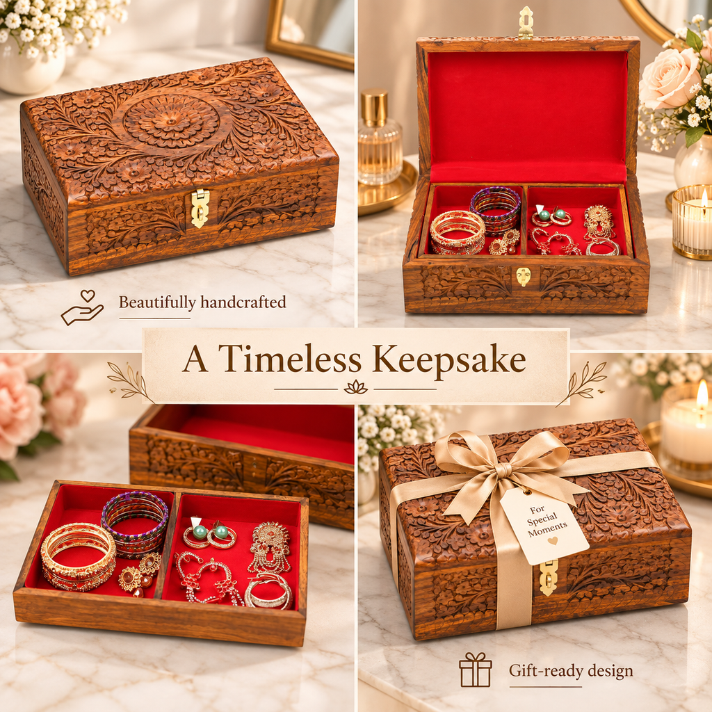 Handcrafted rosewood jewelry box lifestyle and gift presentation