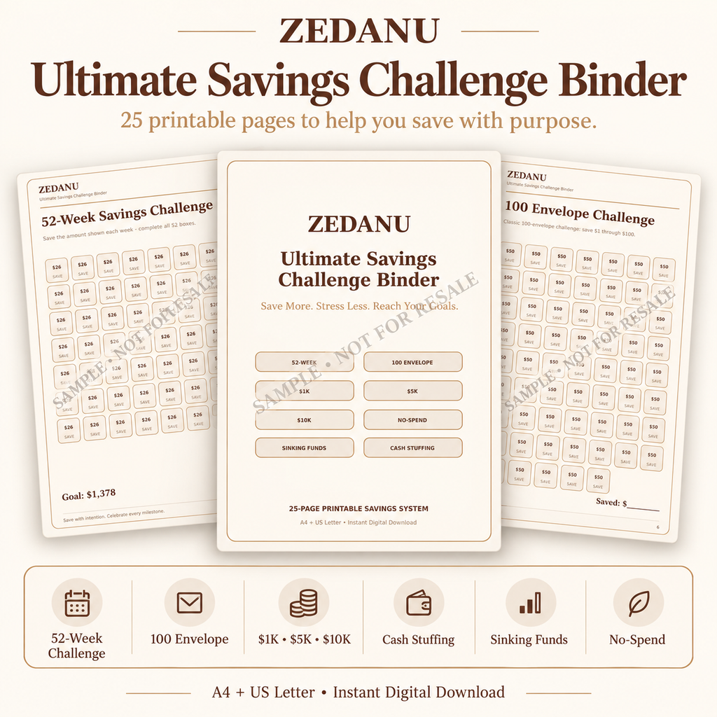 Printable 52 week and 100 envelope savings challenge binder pages