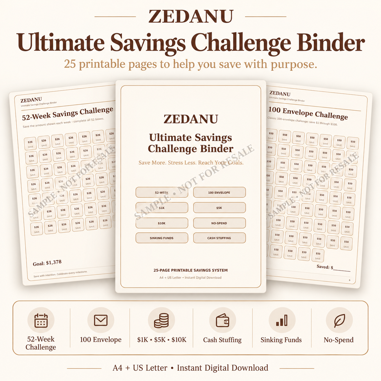 Printable 52 week and 100 envelope savings challenge binder pages