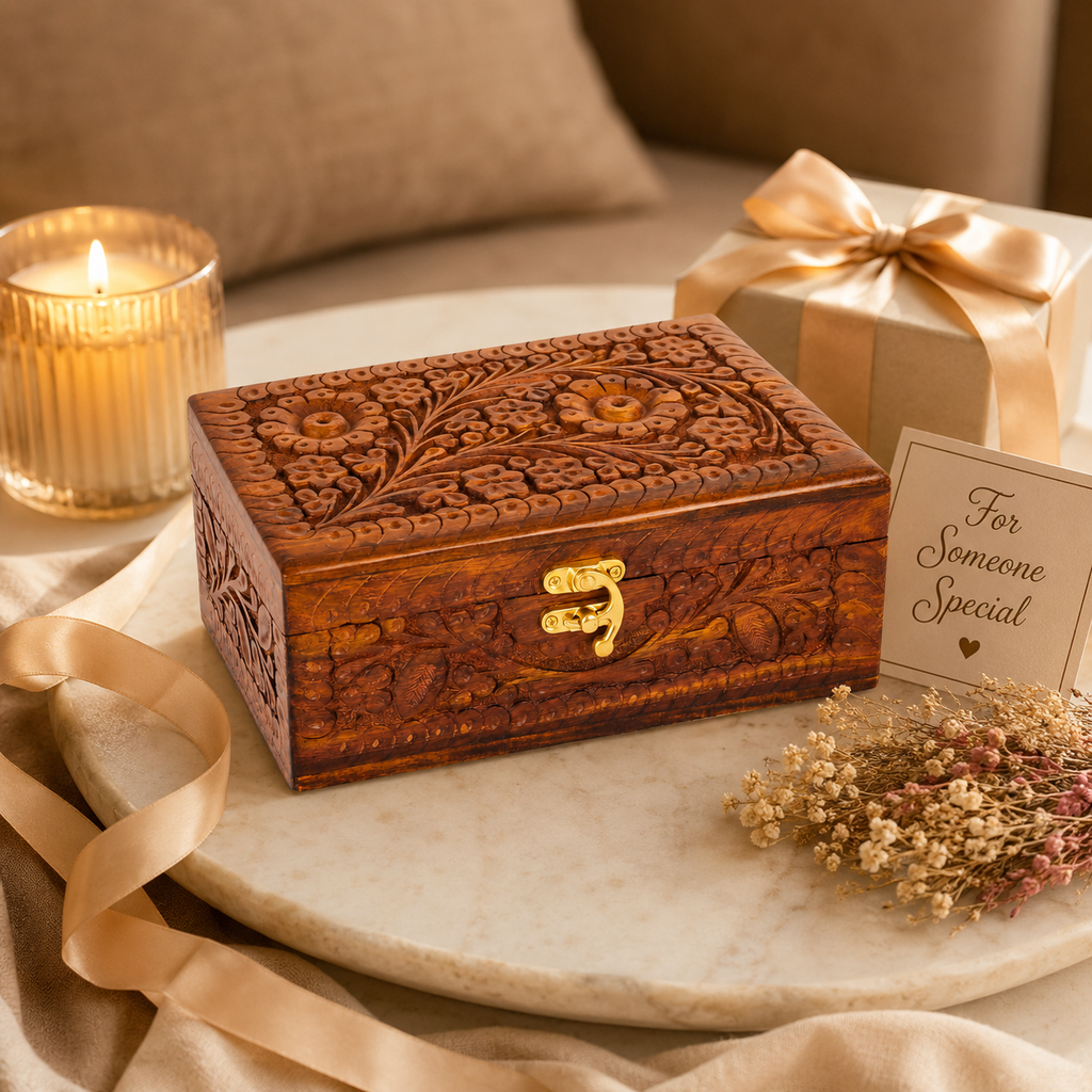 Large handcrafted rosewood jewelry box with carved wooden design