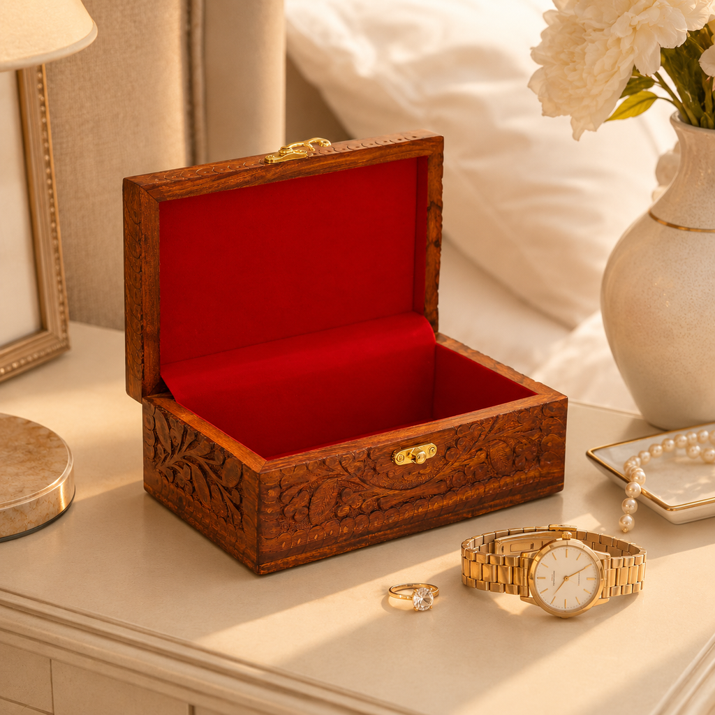 Handcrafted rosewood jewelry box with red lined interior