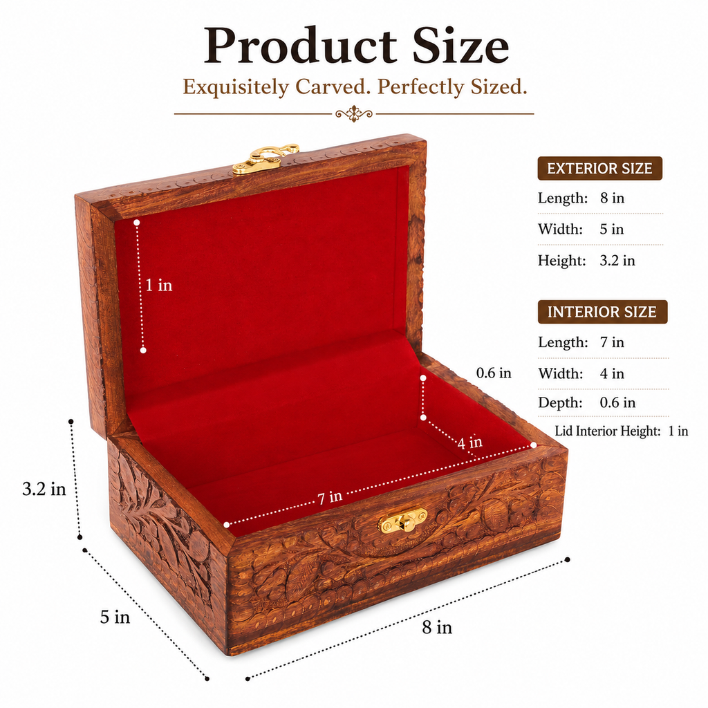 Large 8 x 5 x 3 inch handcrafted wooden jewelry box dimensions