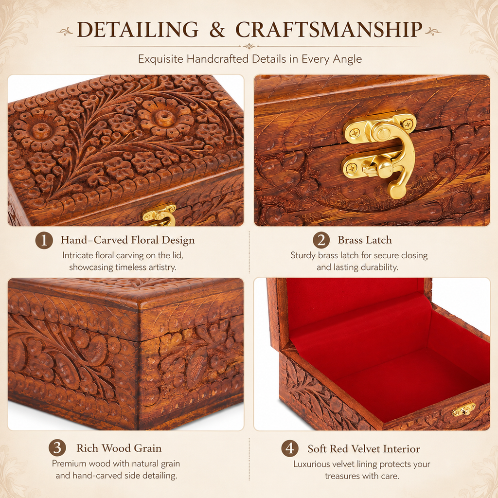 Carved rosewood jewelry box showing handcrafted details and brass latch