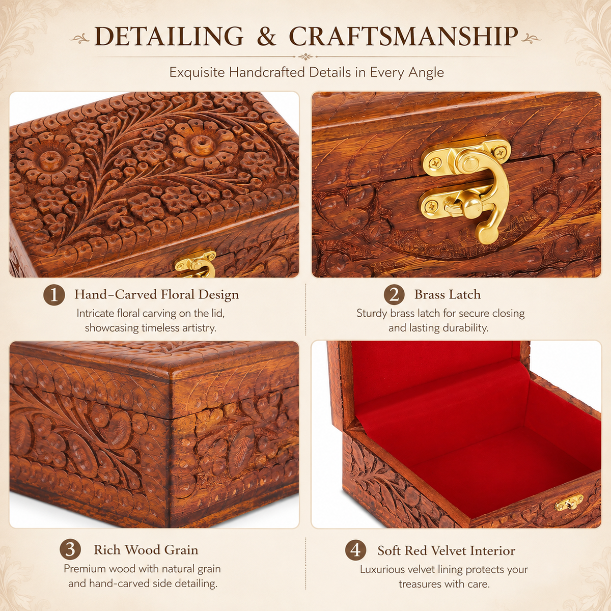Carved rosewood jewelry box showing handcrafted details and brass latch