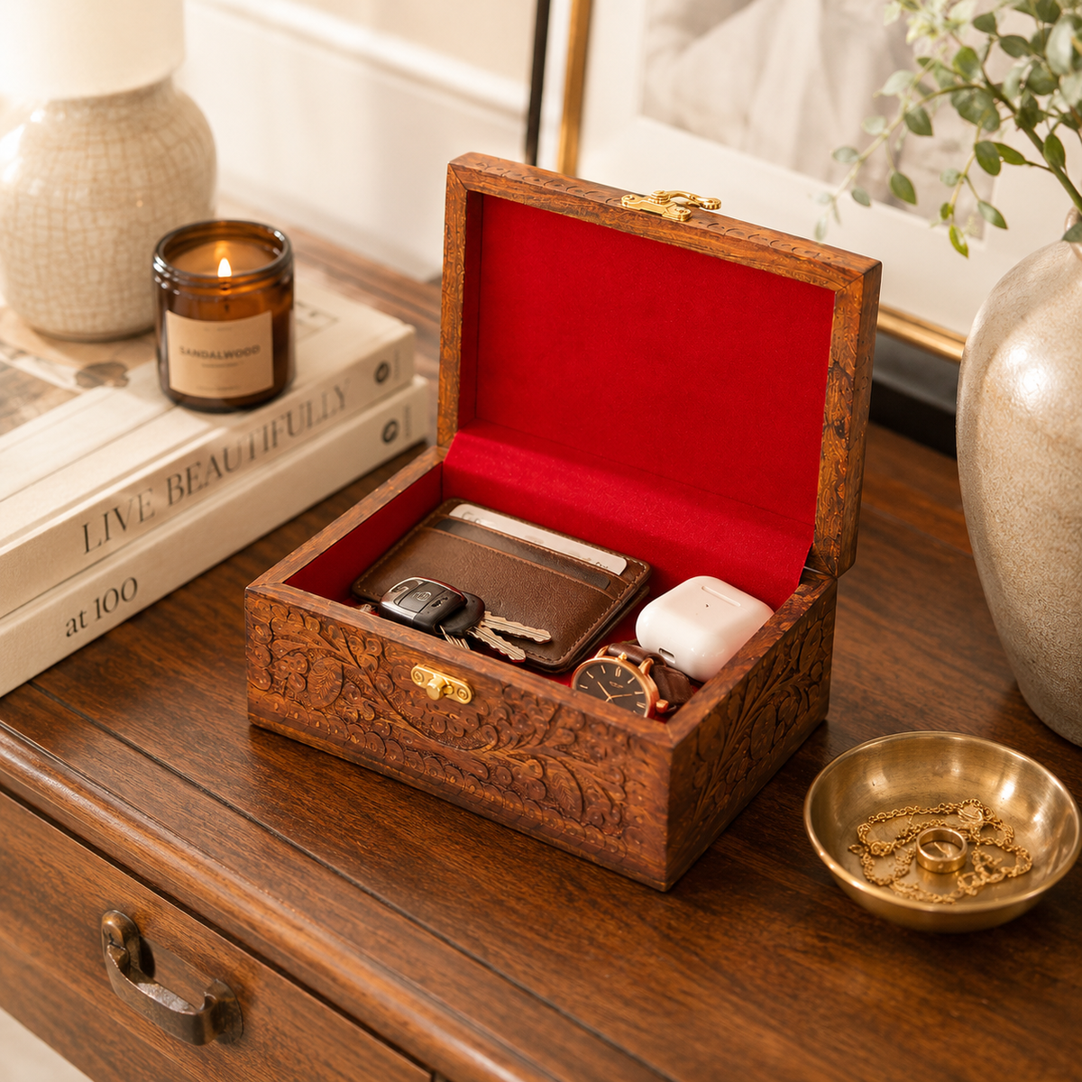 Large wooden jewelry organizer with red interior for rings and accessories