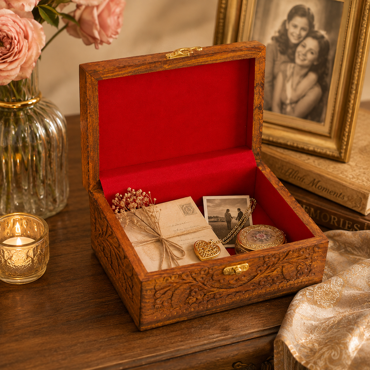 An open carved wooden keepsake box with a bright red velvet interior, styled on a wooden table with vintage photos, dried flowers, a wrapped letter, and small jewelry pieces inside. A vase of pink roses and a lit candle are visible in the background.