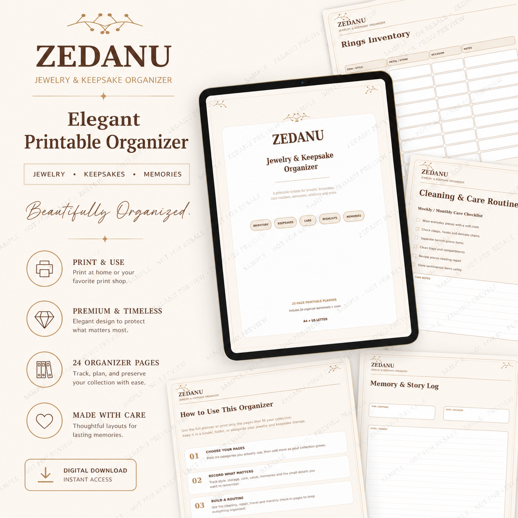 ZEDANU Jewelry & Keepsake Organizer Printable Planner