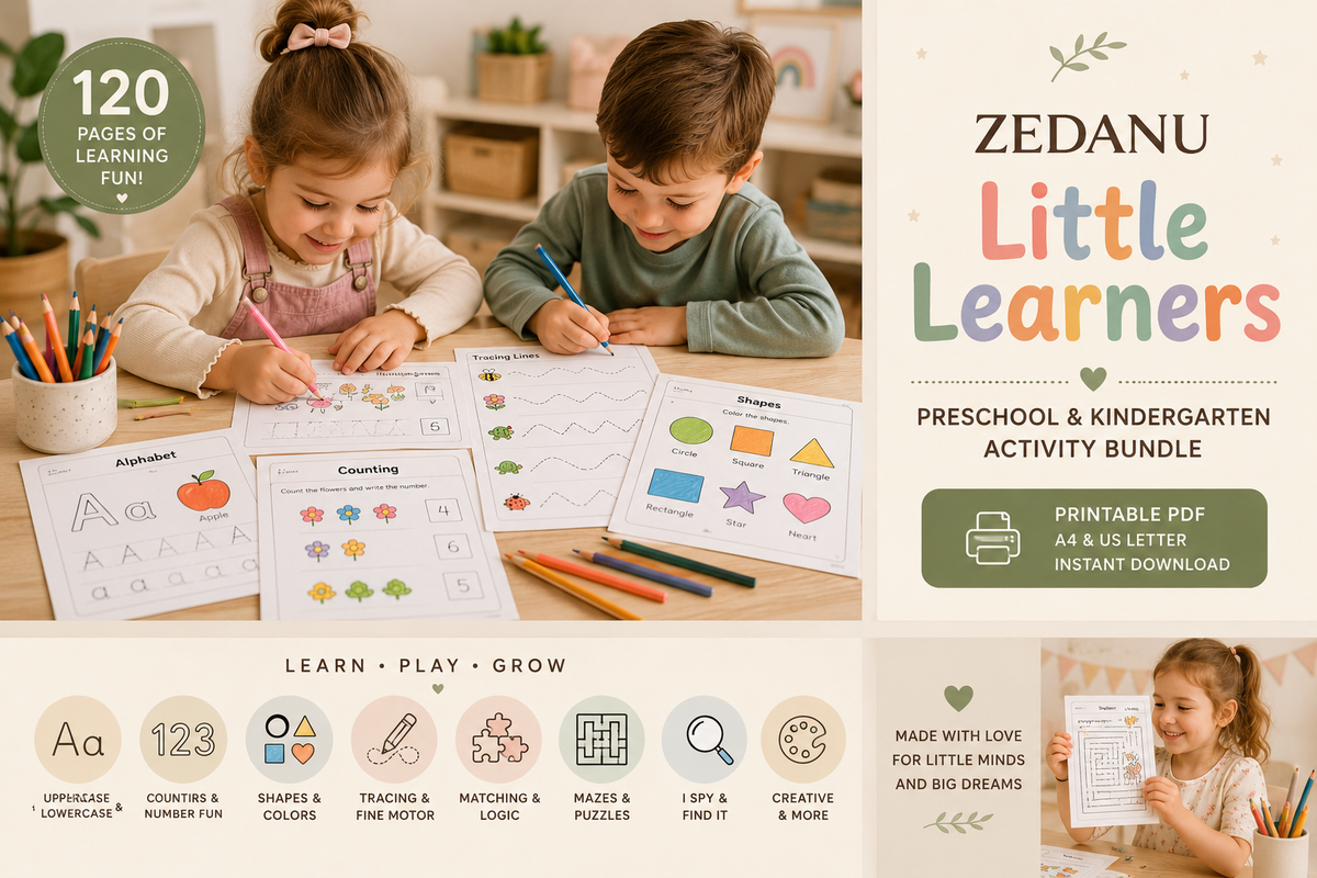 ZEDANU Little Learners 120-Page Preschool & Kindergarten Activity Bundle