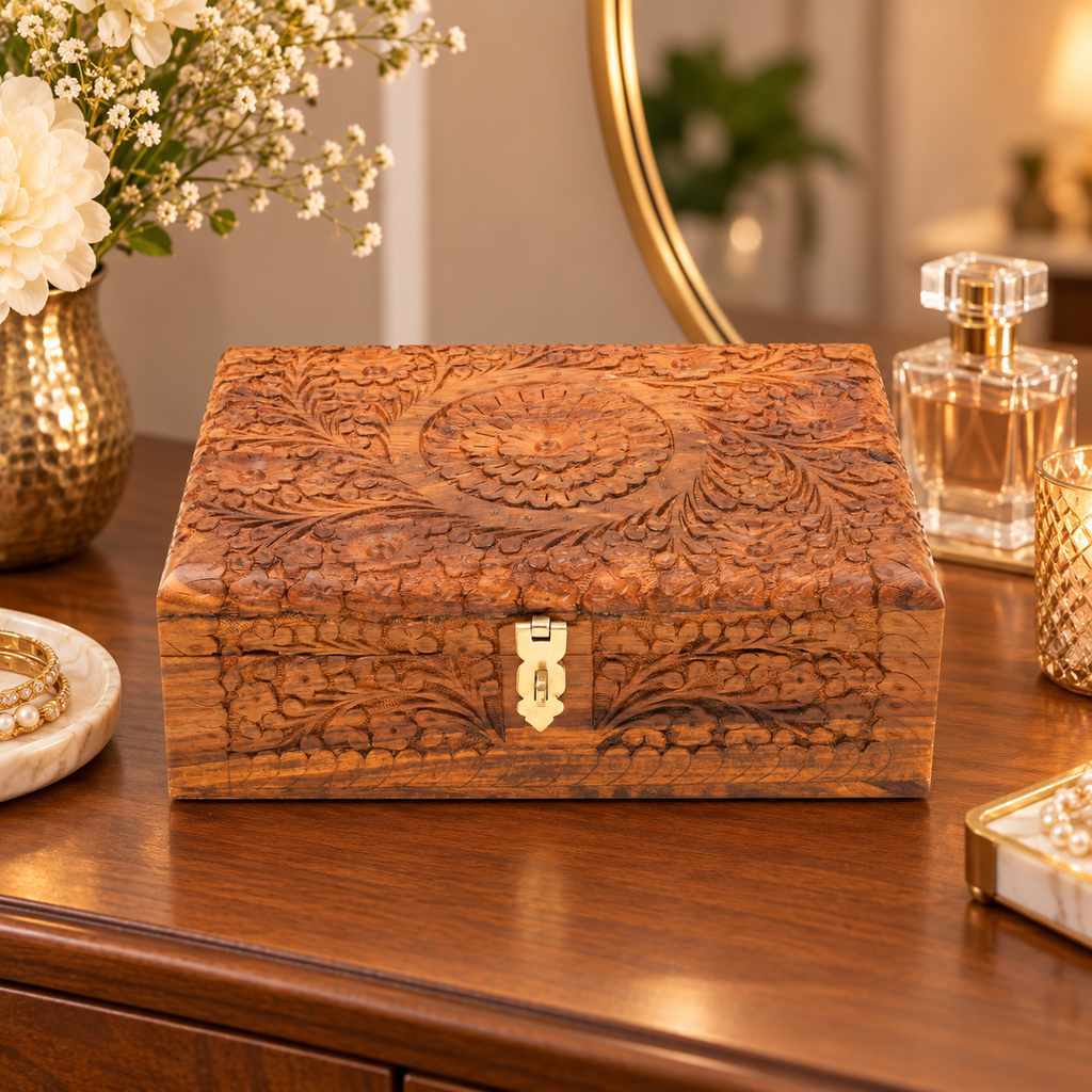 Extra large handcrafted rosewood jewelry box closed on vanity table