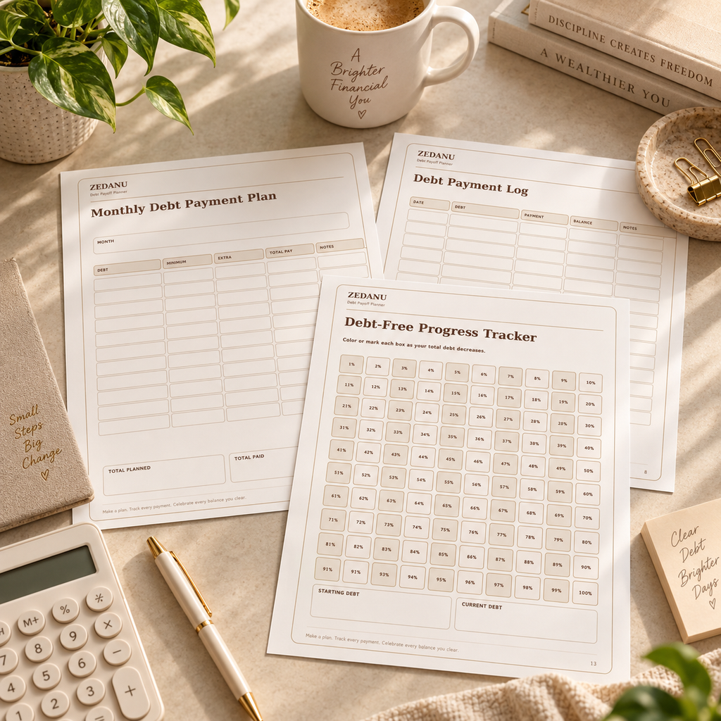 Actual debt payoff planner pages with monthly payment plan and progress tracker