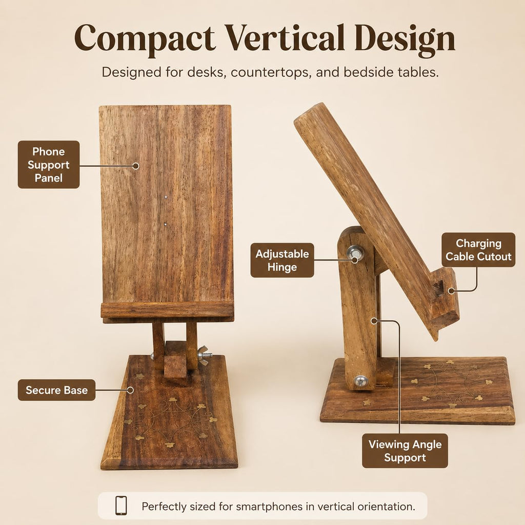 ZEDANU Handcrafted Adjustable Wooden Mobile Stand – Solid Wood Phone Holder with Decorative Inlay Design – Compatible with All Smartphones