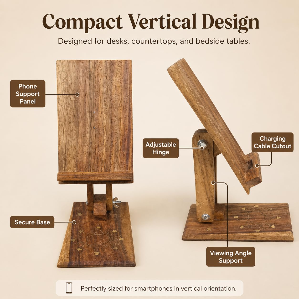 ZEDANU Handcrafted Adjustable Wooden Mobile Stand – Solid Wood Phone Holder with Decorative Inlay Design – Compatible with All Smartphones