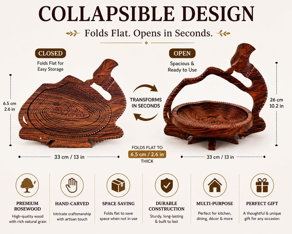 Decorative wooden camel tray styled on a kitchen or dining table