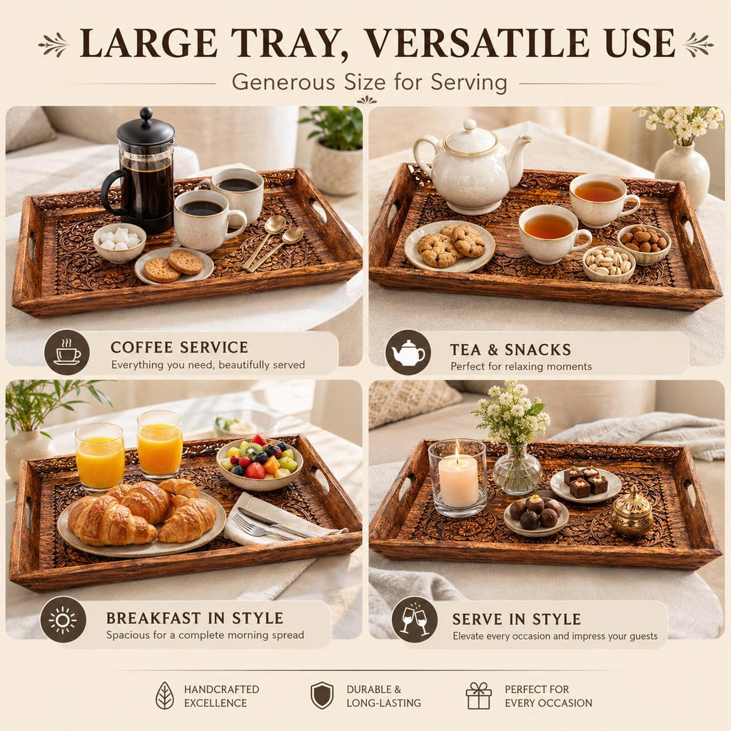 A large rectangular woven tray shown in four lifestyle breakfast and tea serving scenes, with text reading 'LARGE TRAY, VERSATILE USE' and 'Generous Size for Serving.' The tray appears brown with carved floral detailing and is used with coffee, tea, snacks, fruit, croissants, and candles.