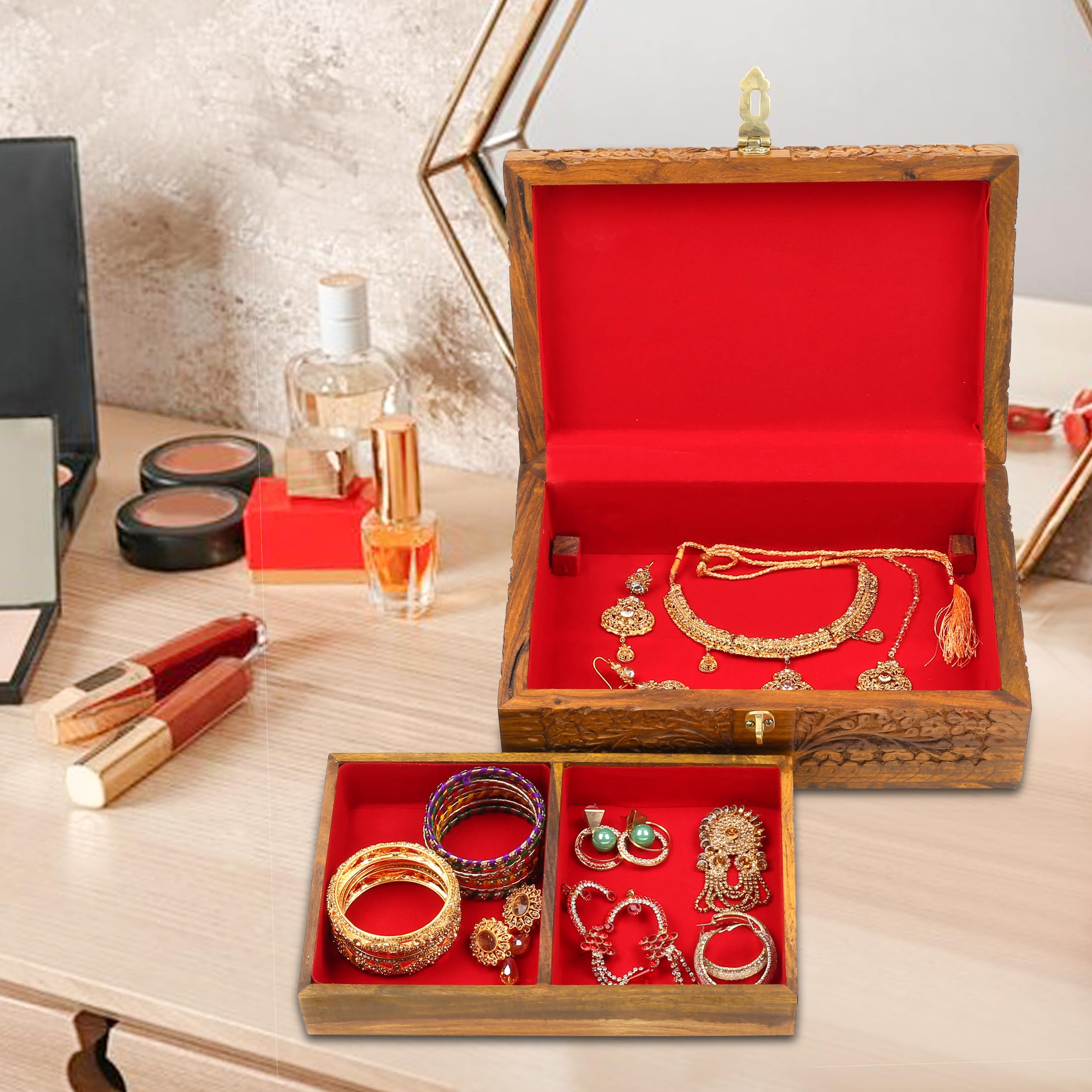 ZEDANU Handmade Wooden Jewelry Box Organizer Wooden Trinket Keepsake Jewellery Storage Box Vintage Box Multipurpose Organizer Chest Great Gift For Your Loved Ones (XXL)