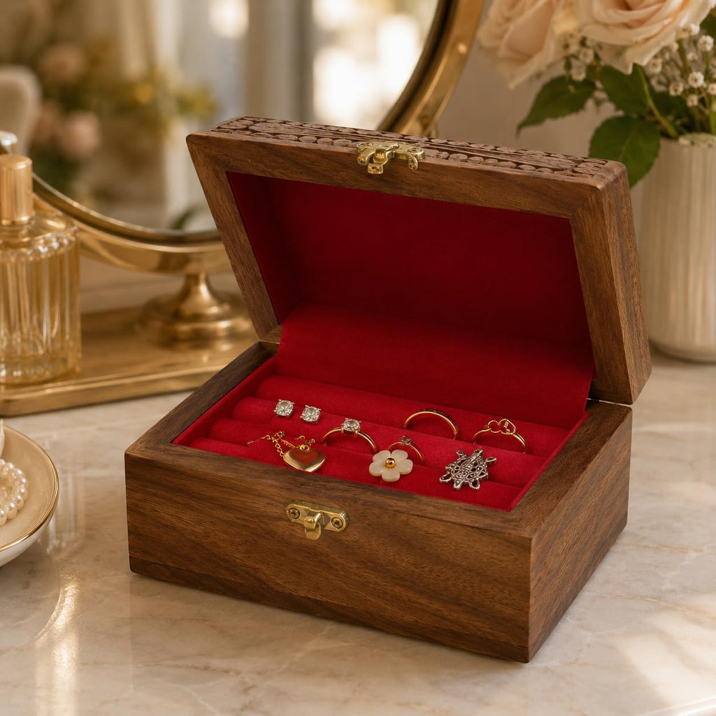 Medium wooden jewelry organizer with red lined interior