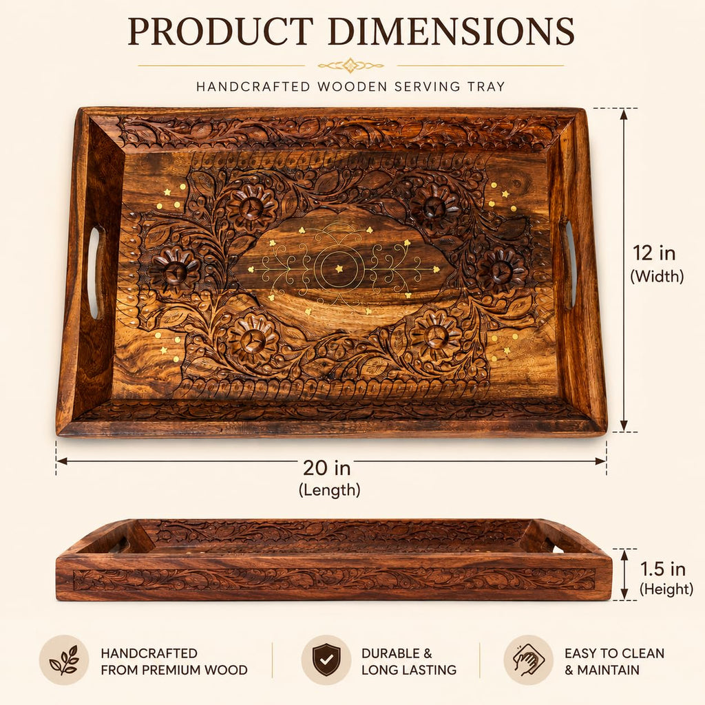 Wooden Coffee Tray Serving Tray with Handles Wood Ottoman Tray Table Tray décor Great for Dinner Trays, Tea Tray, Breakfast Tray, or Any Food Tray - Good for Parties Centerpiece for Coffee Table Medium
