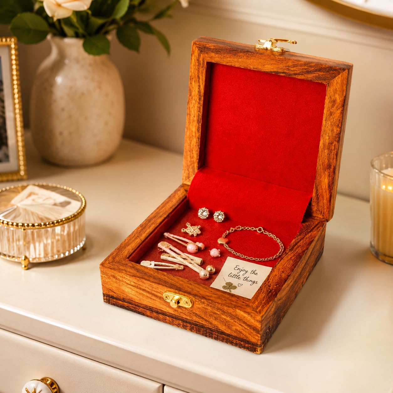 ZEDANU Handmade Wooden Jewelry Box Organizer Wooden Trinket Keepsake Jewellery Storage Box Vintage Box Multipurpose Organizer Chest Great Gift For Your Loved Ones (Small)